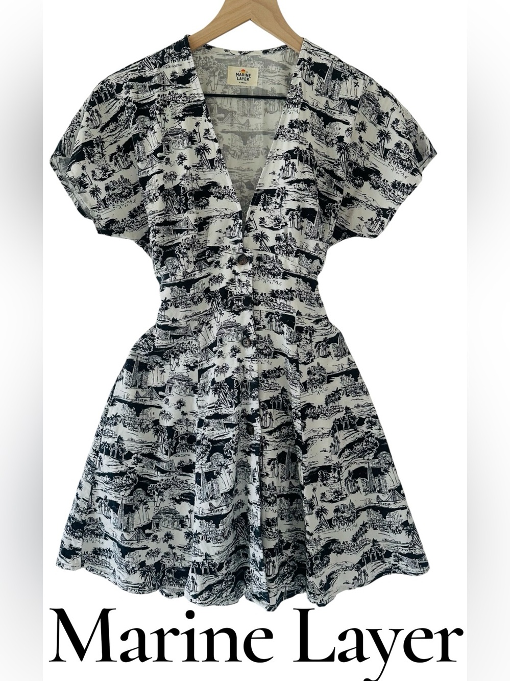 Marine Layer Black & White Printed Toile V-Neck A Line Dress